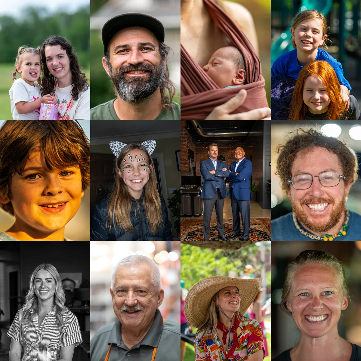Twelve portraits by Michael Hill: a mother and child, a newborn, children, business portraits, and expressive adults photographed indoors and outdoors.